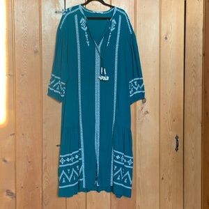 Zara Embroidered Teal Midi Dress Size L